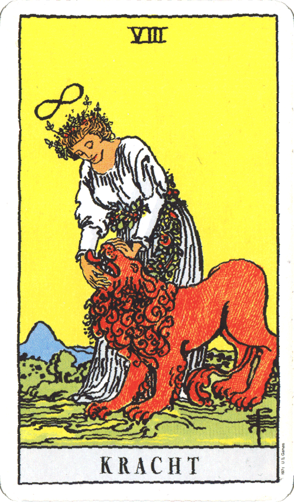 Het beest in de bek kijken - tarotkaart KRACHT - copyright Rider-Waite